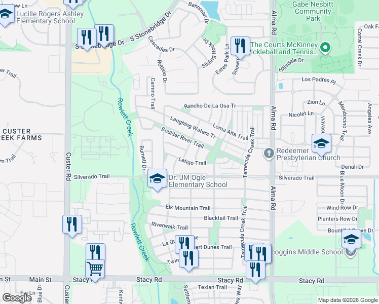map of restaurants, bars, coffee shops, grocery stores, and more near 3825 Bitterroot Trail in McKinney