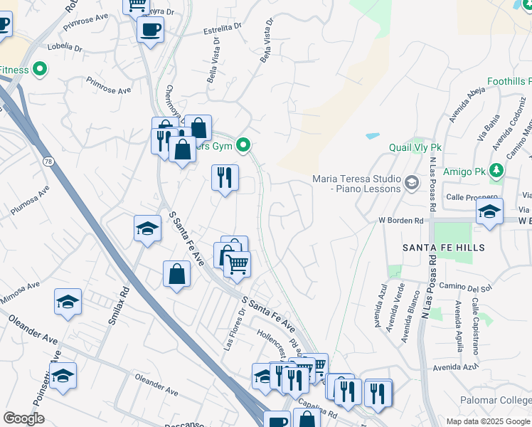 map of restaurants, bars, coffee shops, grocery stores, and more near 874 Via La Venta in San Marcos