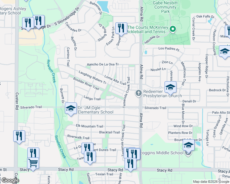 map of restaurants, bars, coffee shops, grocery stores, and more near 7701 Pleasant Valley Trail in McKinney
