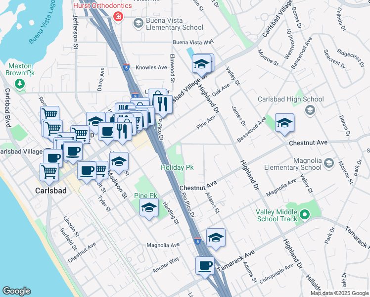 map of restaurants, bars, coffee shops, grocery stores, and more near 3218 Eureka Place in Carlsbad