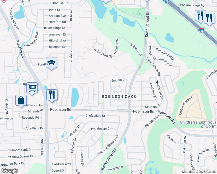 map of restaurants, bars, coffee shops, grocery stores, and more near 3812 Drexel Drive in Denton