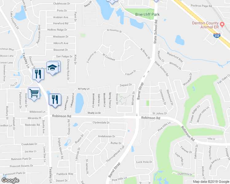 map of restaurants, bars, coffee shops, grocery stores, and more near 3812 Drexel Drive in Denton