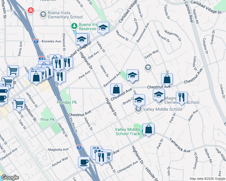 map of restaurants, bars, coffee shops, grocery stores, and more near 1561 Sandalwood Lane in Carlsbad