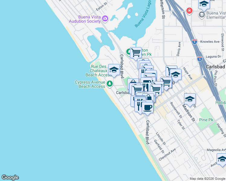 map of restaurants, bars, coffee shops, grocery stores, and more near 2665 Ocean Street in Carlsbad
