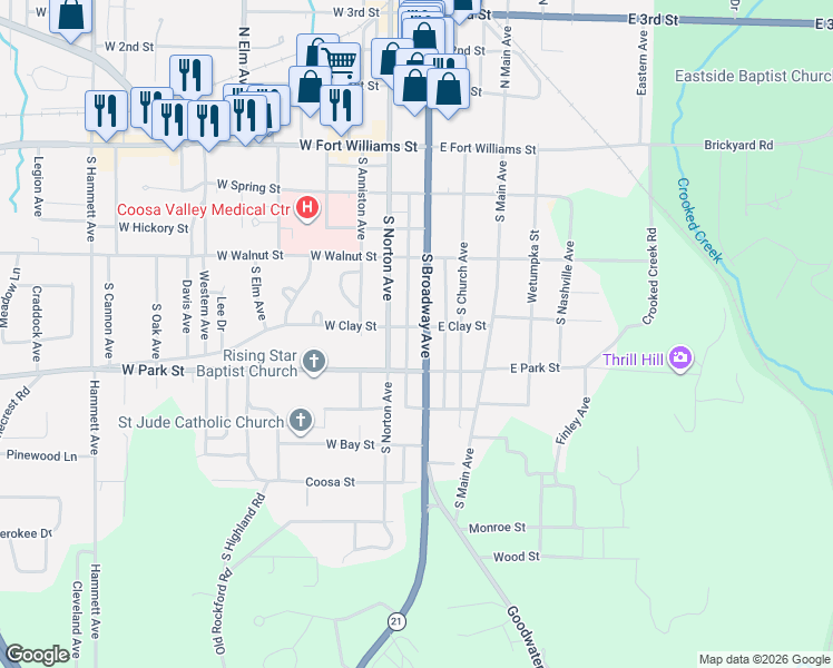 map of restaurants, bars, coffee shops, grocery stores, and more near 305 County Road 511 in Sylacauga