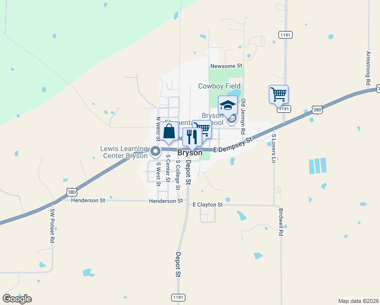 map of restaurants, bars, coffee shops, grocery stores, and more near in Bryson