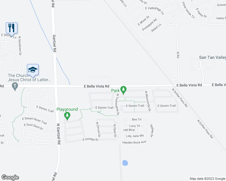 map of restaurants, bars, coffee shops, grocery stores, and more near 2836 East Silversmith Trail in Queen Creek