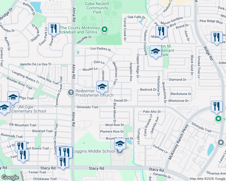 map of restaurants, bars, coffee shops, grocery stores, and more near 6913 Helena Way in McKinney