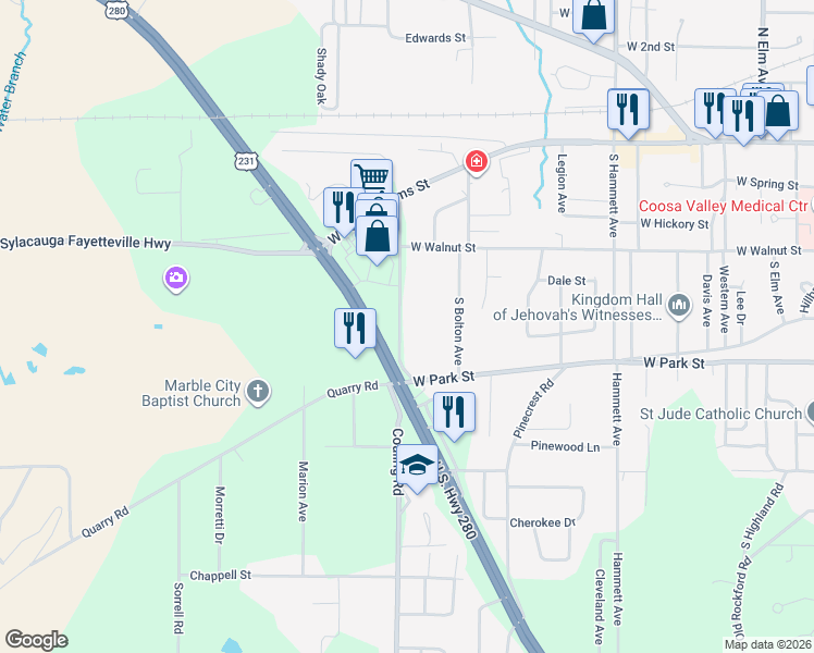 map of restaurants, bars, coffee shops, grocery stores, and more near 278 Coaling Road in Sylacauga