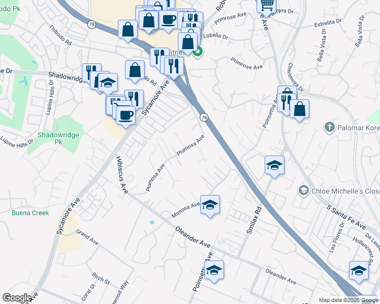 map of restaurants, bars, coffee shops, grocery stores, and more near 620 Plumosa Avenue in Vista