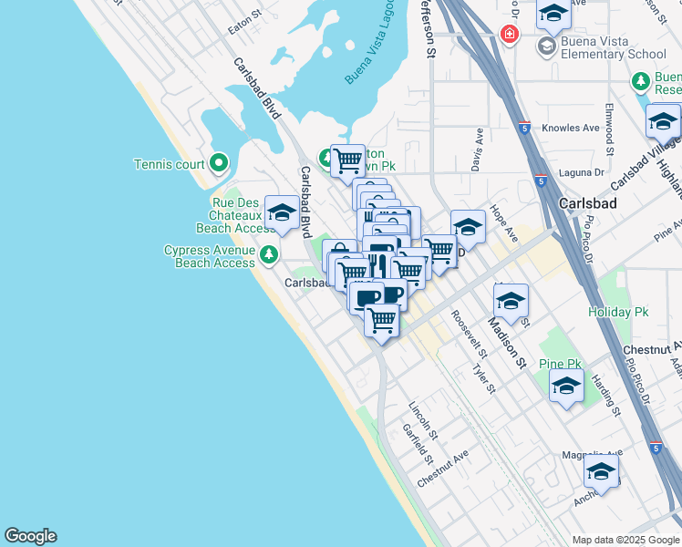 map of restaurants, bars, coffee shops, grocery stores, and more near 361 Beech Avenue in Carlsbad