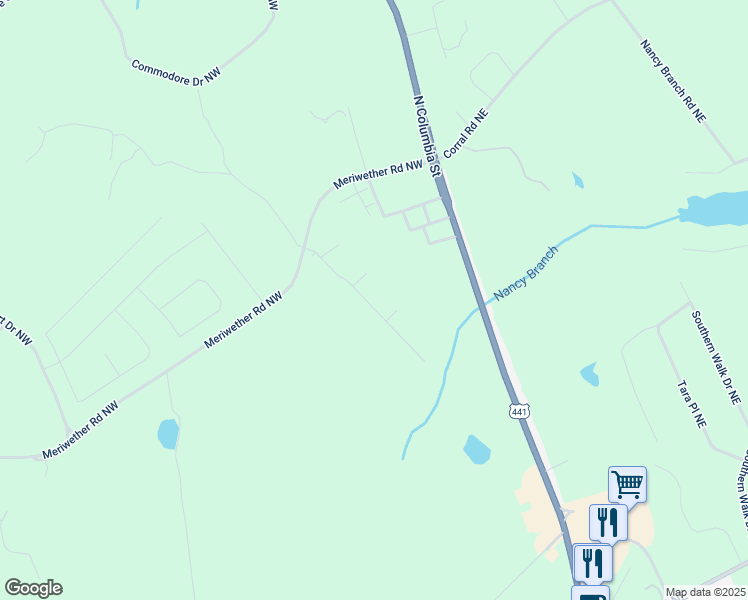 map of restaurants, bars, coffee shops, grocery stores, and more near 129 Red Oak Trail in Milledgeville