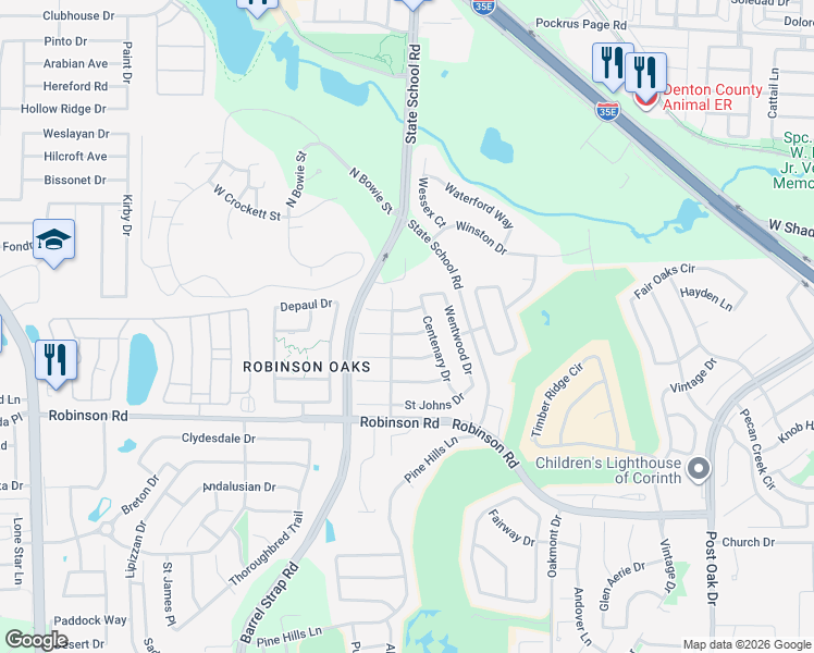 map of restaurants, bars, coffee shops, grocery stores, and more near 3613 Yale Drive in Denton