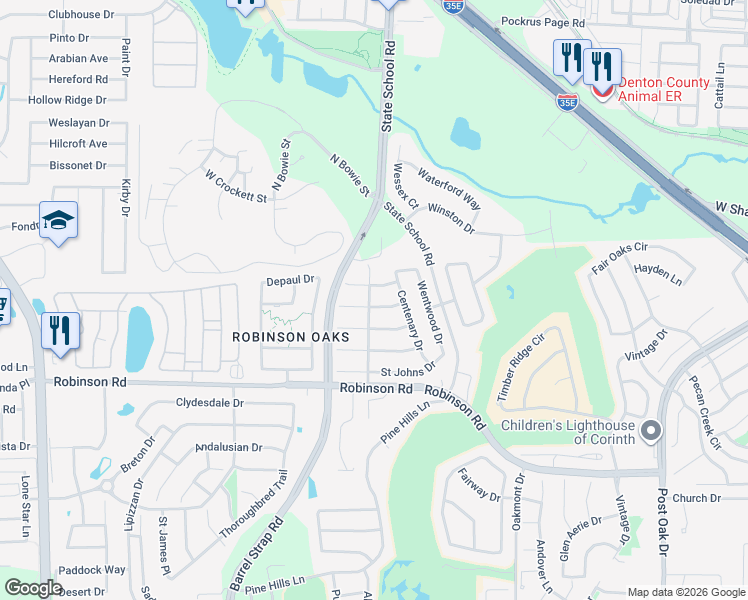 map of restaurants, bars, coffee shops, grocery stores, and more near 3513 Yale Drive in Denton