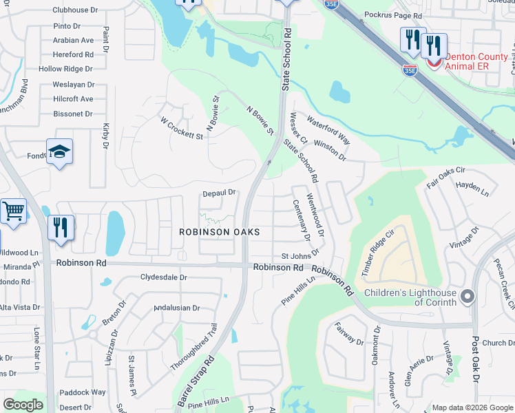 map of restaurants, bars, coffee shops, grocery stores, and more near 3513 Yale Drive in Denton