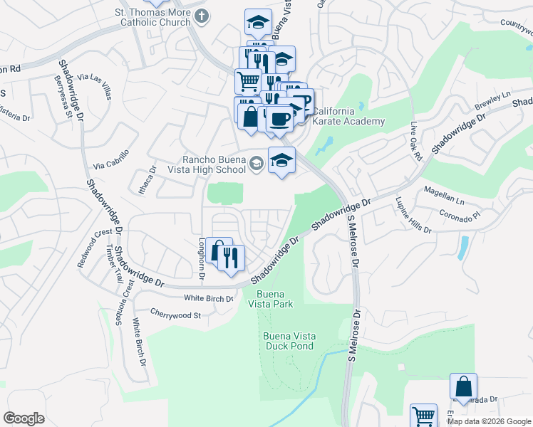 map of restaurants, bars, coffee shops, grocery stores, and more near 1825 Cayman Way in Vista