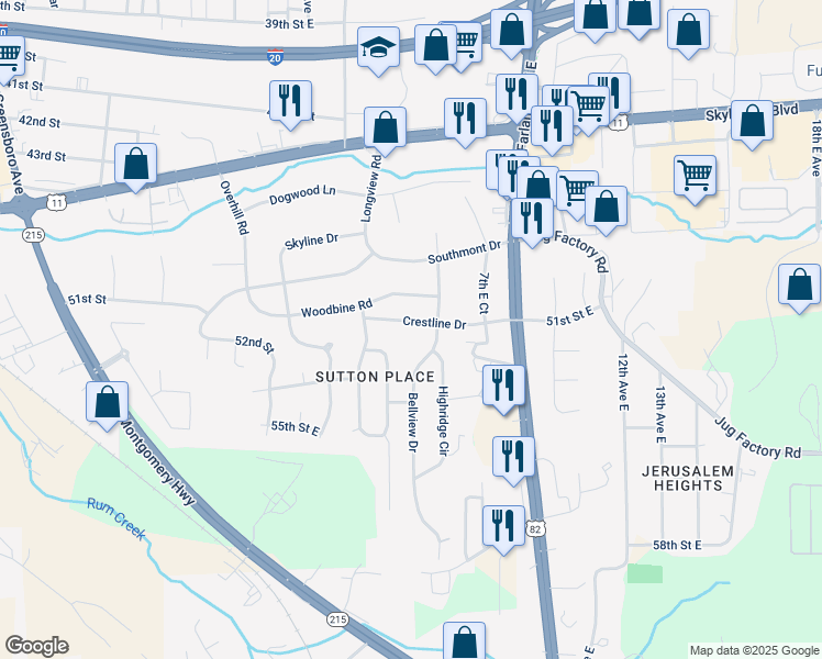 map of restaurants, bars, coffee shops, grocery stores, and more near 8 Crestline Drive in Tuscaloosa