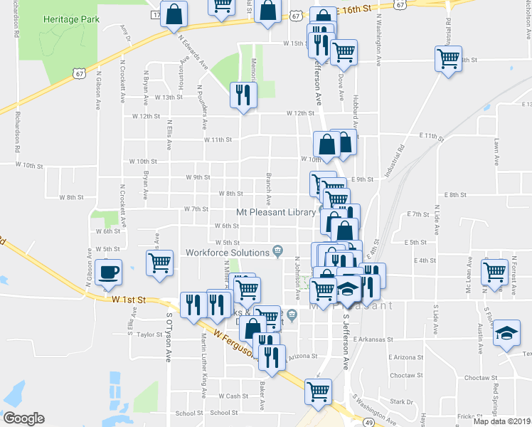 map of restaurants, bars, coffee shops, grocery stores, and more near 601 West 7th Street in Mount Pleasant