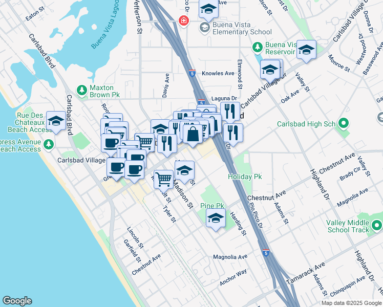 map of restaurants, bars, coffee shops, grocery stores, and more near 1005 Carlsbad Village Drive in Carlsbad