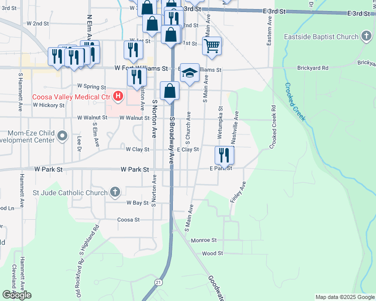 map of restaurants, bars, coffee shops, grocery stores, and more near 16 East Clay Street in Sylacauga