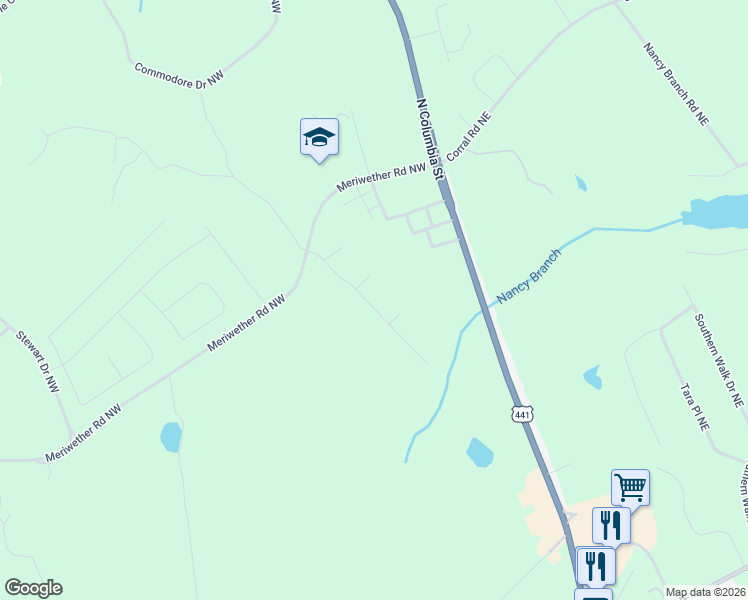 map of restaurants, bars, coffee shops, grocery stores, and more near 129 Red Oak Trail in Milledgeville