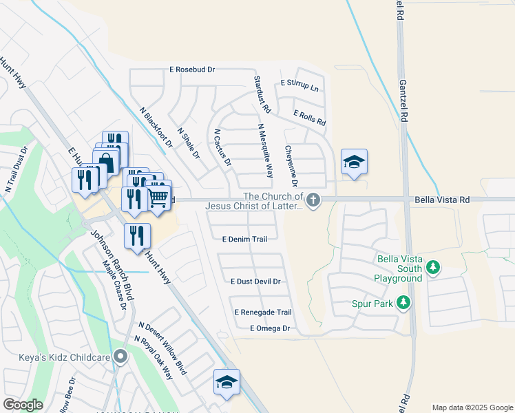 map of restaurants, bars, coffee shops, grocery stores, and more near 1142 East Silversmith Trail in Queen Creek