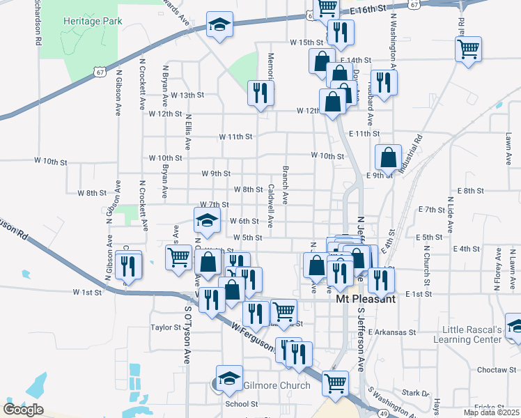 map of restaurants, bars, coffee shops, grocery stores, and more near 604 West 7th Street in Mount Pleasant