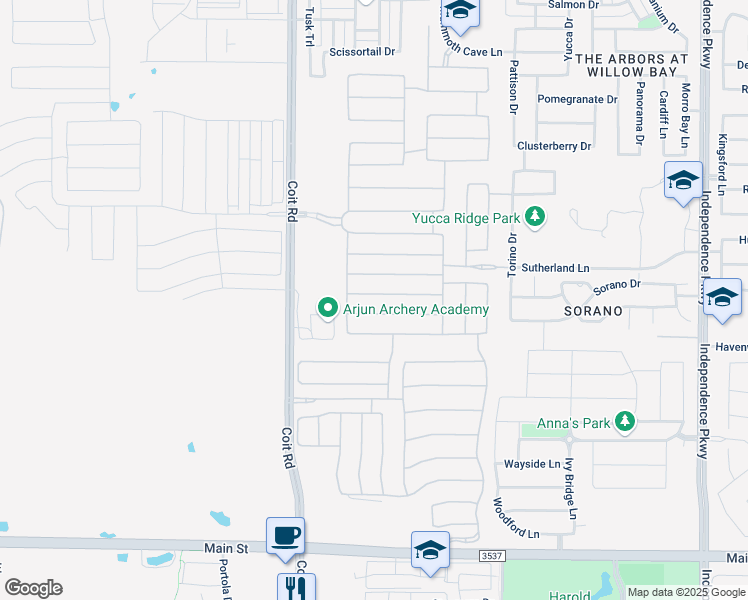 map of restaurants, bars, coffee shops, grocery stores, and more near 13105 Bold Venture Avenue in Frisco