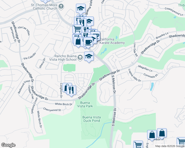 map of restaurants, bars, coffee shops, grocery stores, and more near 1802 Key Largo Road in Vista