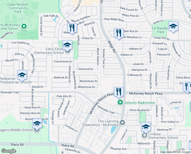 map of restaurants, bars, coffee shops, grocery stores, and more near 6204 Flagstone Drive in McKinney