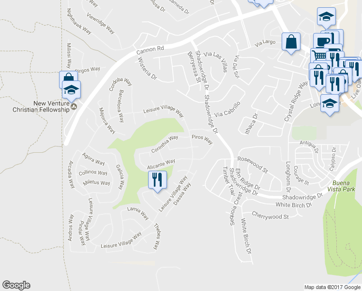 map of restaurants, bars, coffee shops, grocery stores, and more near 5056 Santorini Way in Oceanside