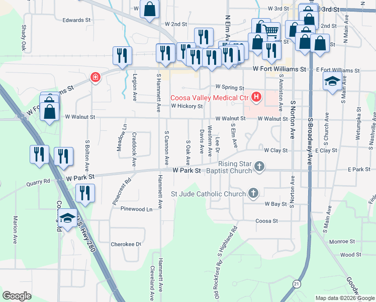 map of restaurants, bars, coffee shops, grocery stores, and more near 227 South Oak Avenue in Sylacauga