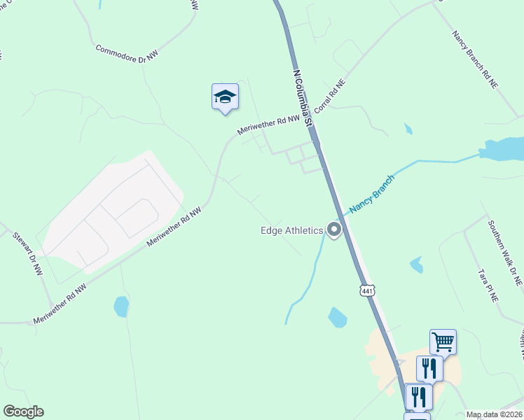 map of restaurants, bars, coffee shops, grocery stores, and more near 129 Red Oak Trail in Milledgeville