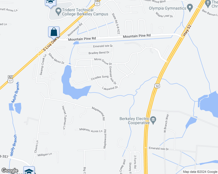 map of restaurants, bars, coffee shops, grocery stores, and more near 363 Lakewind Drive in Moncks Corner