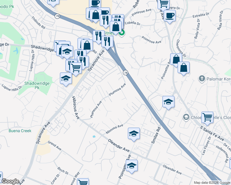 map of restaurants, bars, coffee shops, grocery stores, and more near 620 Plumosa Avenue in Vista