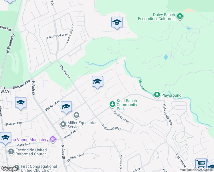 map of restaurants, bars, coffee shops, grocery stores, and more near 1176 Witherby Lane in Escondido