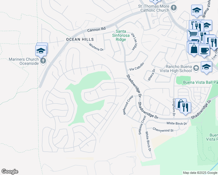 map of restaurants, bars, coffee shops, grocery stores, and more near 5056 Santorini Way in Oceanside