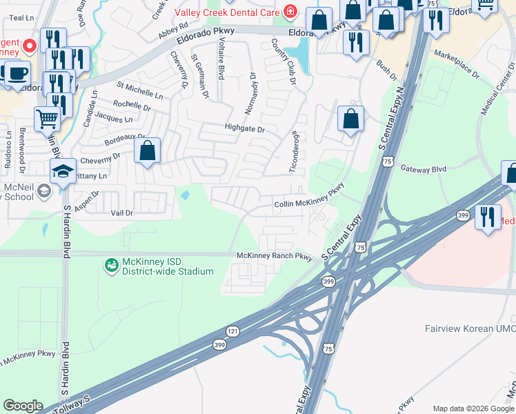 map of restaurants, bars, coffee shops, grocery stores, and more near 2570 Collin McKinney Parkway in McKinney