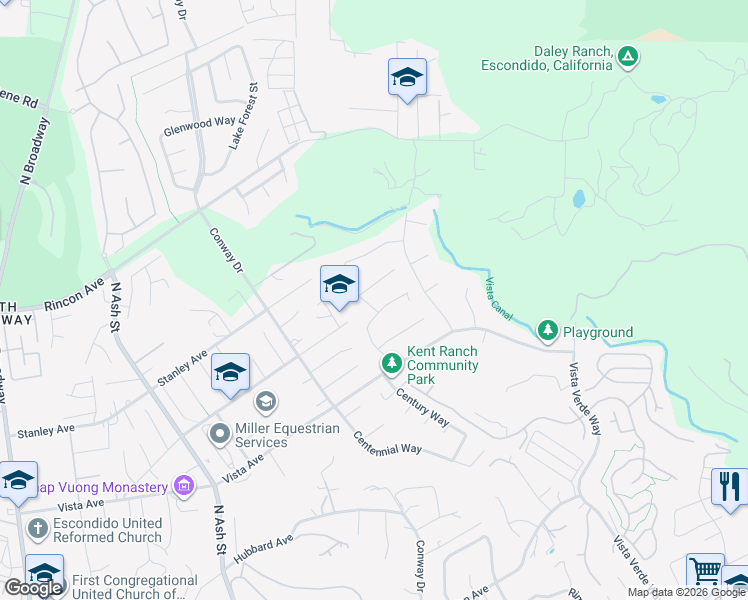map of restaurants, bars, coffee shops, grocery stores, and more near 1176 Witherby Lane in Escondido