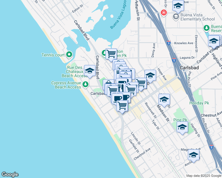 map of restaurants, bars, coffee shops, grocery stores, and more near 361 Beech Avenue in Carlsbad