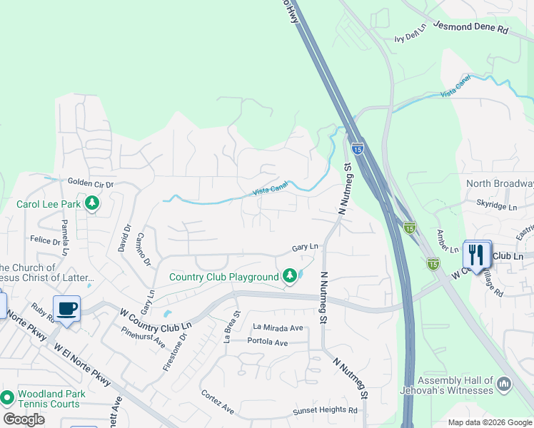 map of restaurants, bars, coffee shops, grocery stores, and more near 1941 Rockhoff Road in Escondido