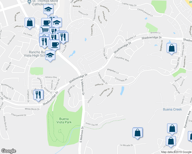map of restaurants, bars, coffee shops, grocery stores, and more near 1678 Harbor Drive in Vista
