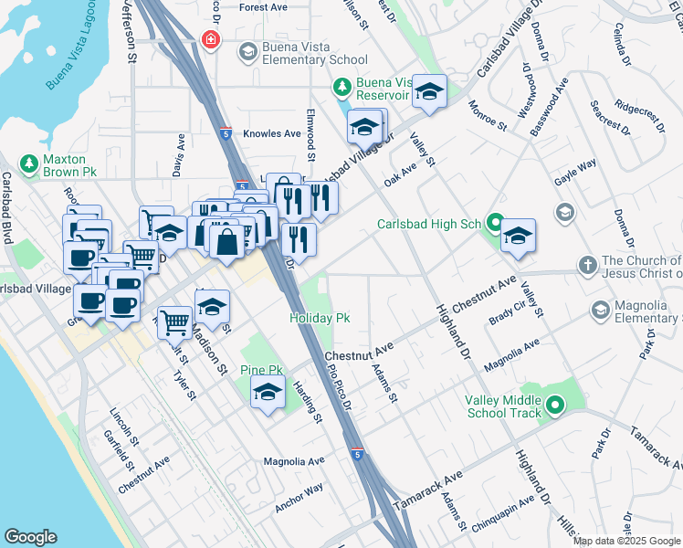 map of restaurants, bars, coffee shops, grocery stores, and more near 1276 Pine Avenue in Carlsbad