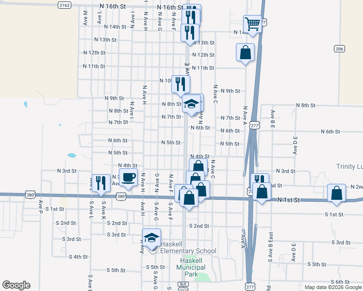 map of restaurants, bars, coffee shops, grocery stores, and more near 504 North Avenue East in Haskell