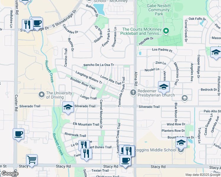 map of restaurants, bars, coffee shops, grocery stores, and more near 7801 Loma Alta Trail in McKinney