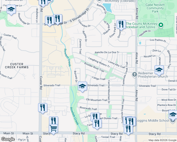 map of restaurants, bars, coffee shops, grocery stores, and more near 8401 Hitching Trail in McKinney