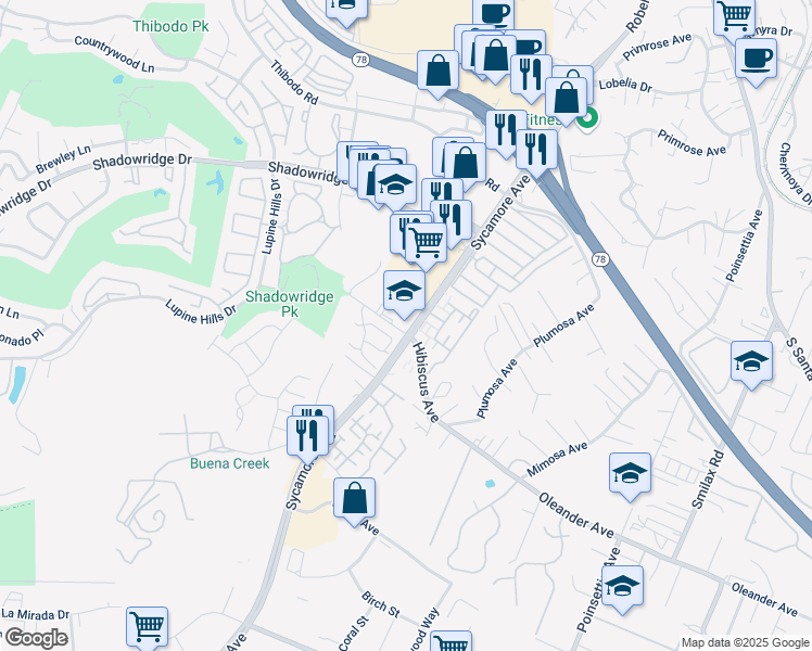 map of restaurants, bars, coffee shops, grocery stores, and more near 867 Sycamore Avenue in Vista