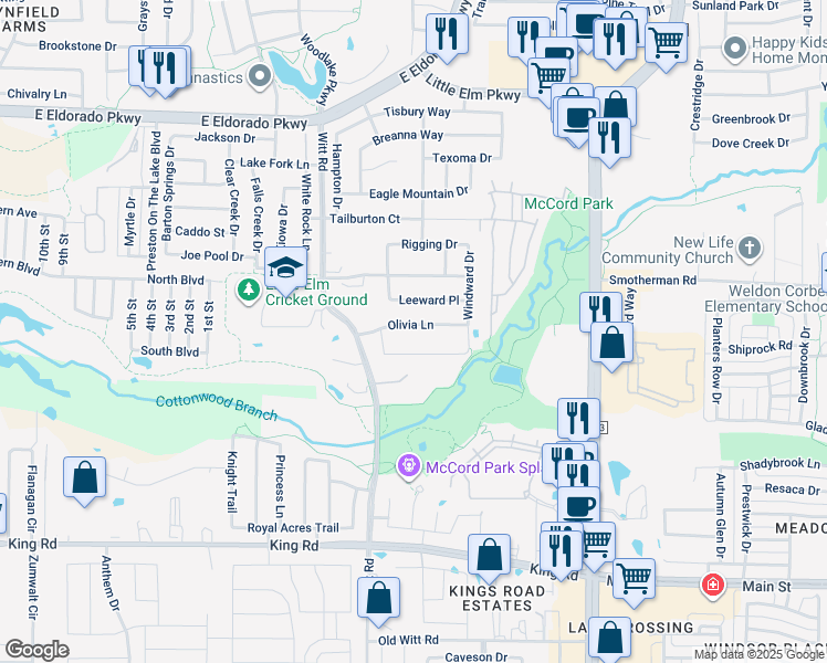 map of restaurants, bars, coffee shops, grocery stores, and more near 2324 Olivia Lane in Little Elm