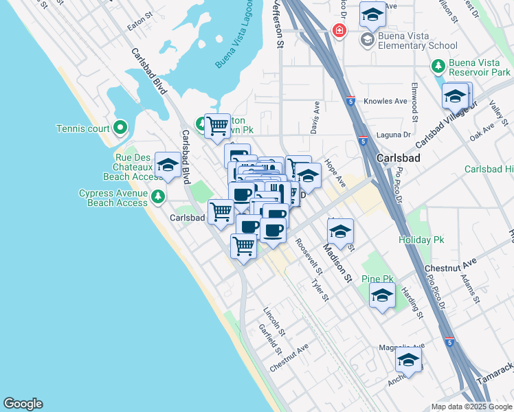 map of restaurants, bars, coffee shops, grocery stores, and more near 2802 State Street in Carlsbad
