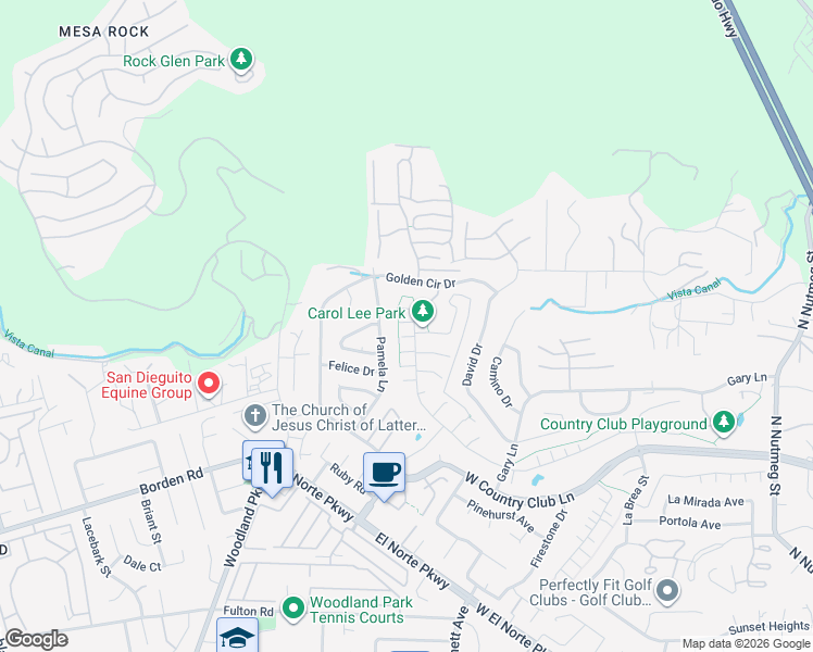map of restaurants, bars, coffee shops, grocery stores, and more near 2065 Carol Lee Lane in Escondido